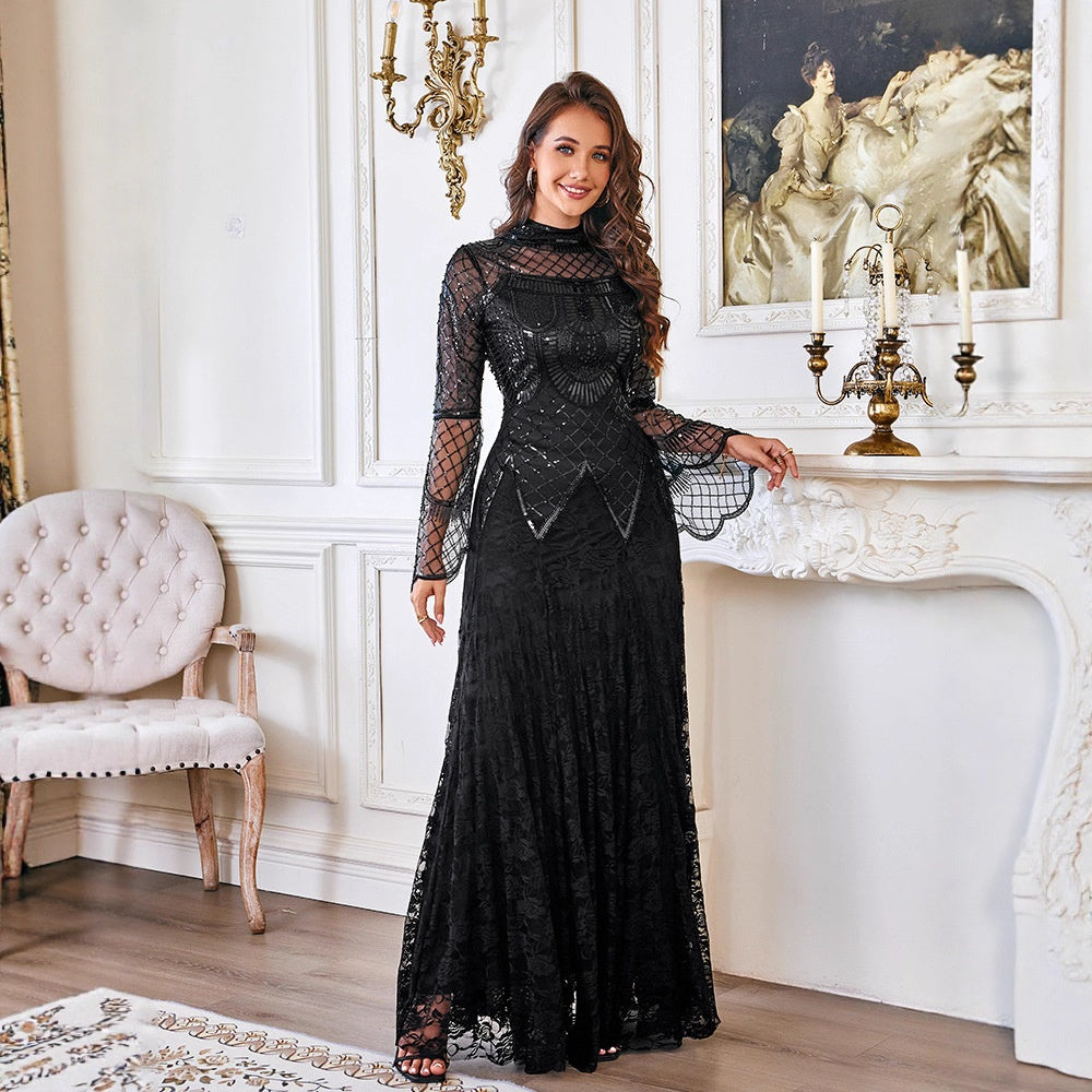 New Sequined Floor-Length Evening Dress Elegant Slim Long Sleeve Banquet Party Dress