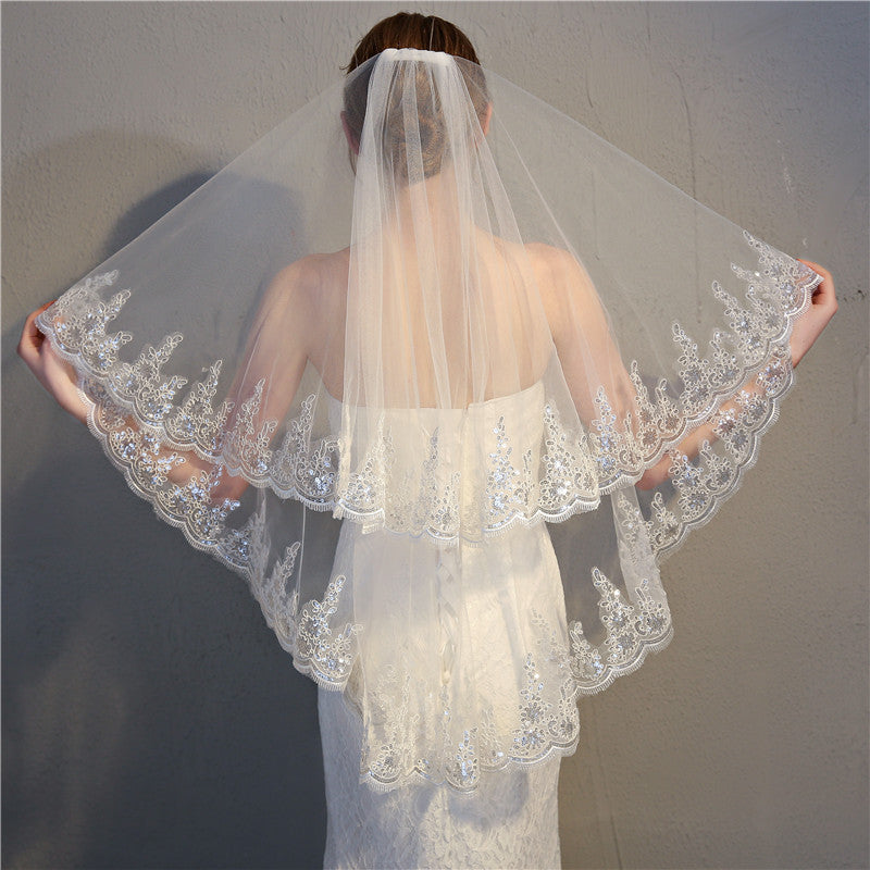 Exquisite Double Layer Veil with Sequined Lace Beaded Wedding Headdress Embroidered Bridal Veils
