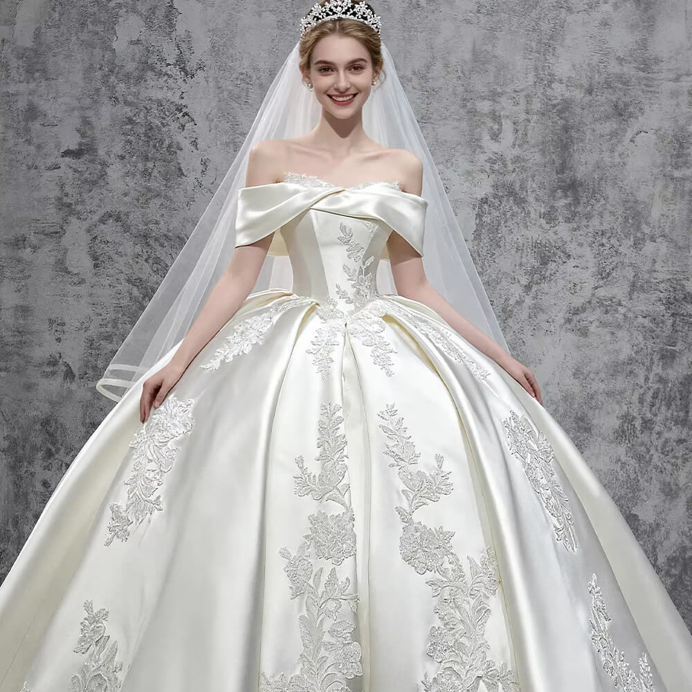 New Off-Shoulder Elegant Main Wedding Dress High End Satin Customized A-Line Backless Lace-Up Bridal Gown