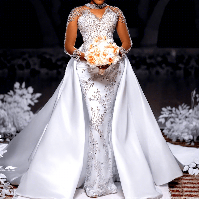 New Detachable Mermaid Crystal Wedding Gown Luxury Heavy Beaded Long Sleeve Lace-Up Bridal Dress