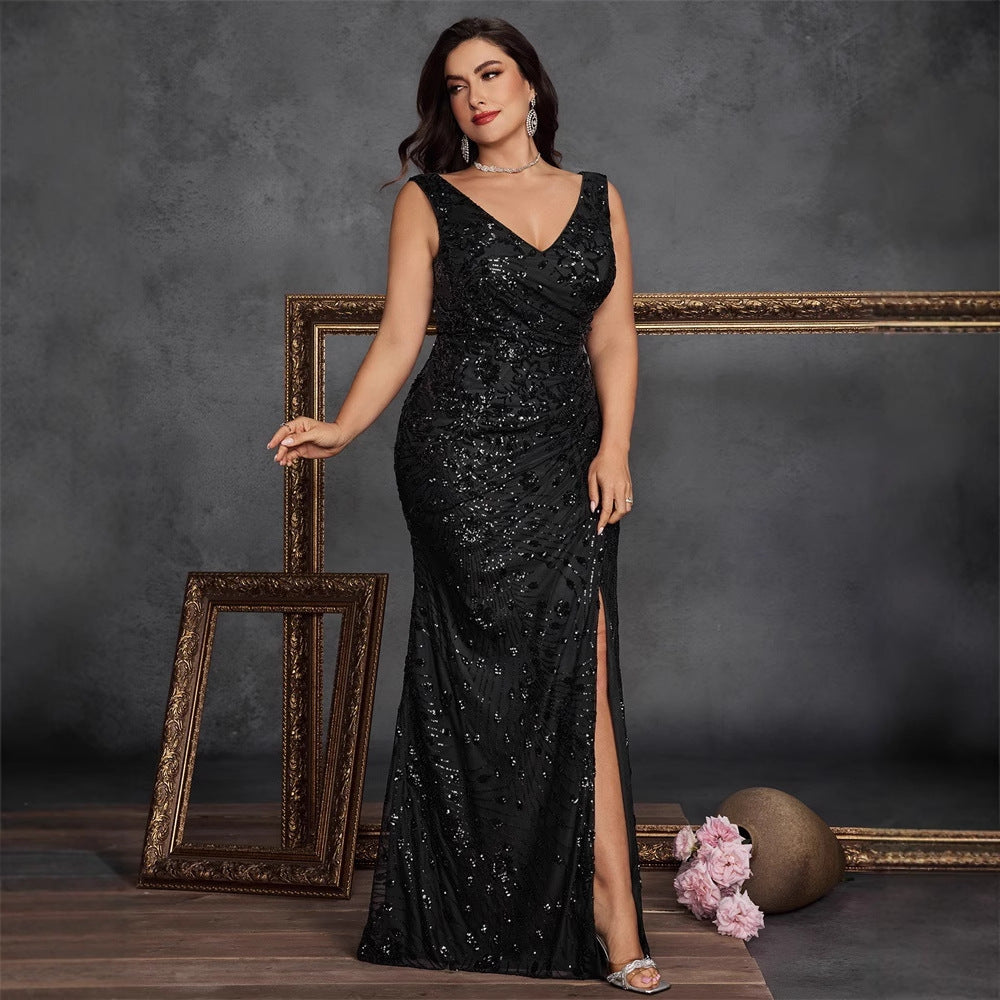 New Plus-size Sequined Sleeveless Evening Dress Summer Floor-length Elegant V-Neck Fishtail Slit Sexy Party Banquets Gown