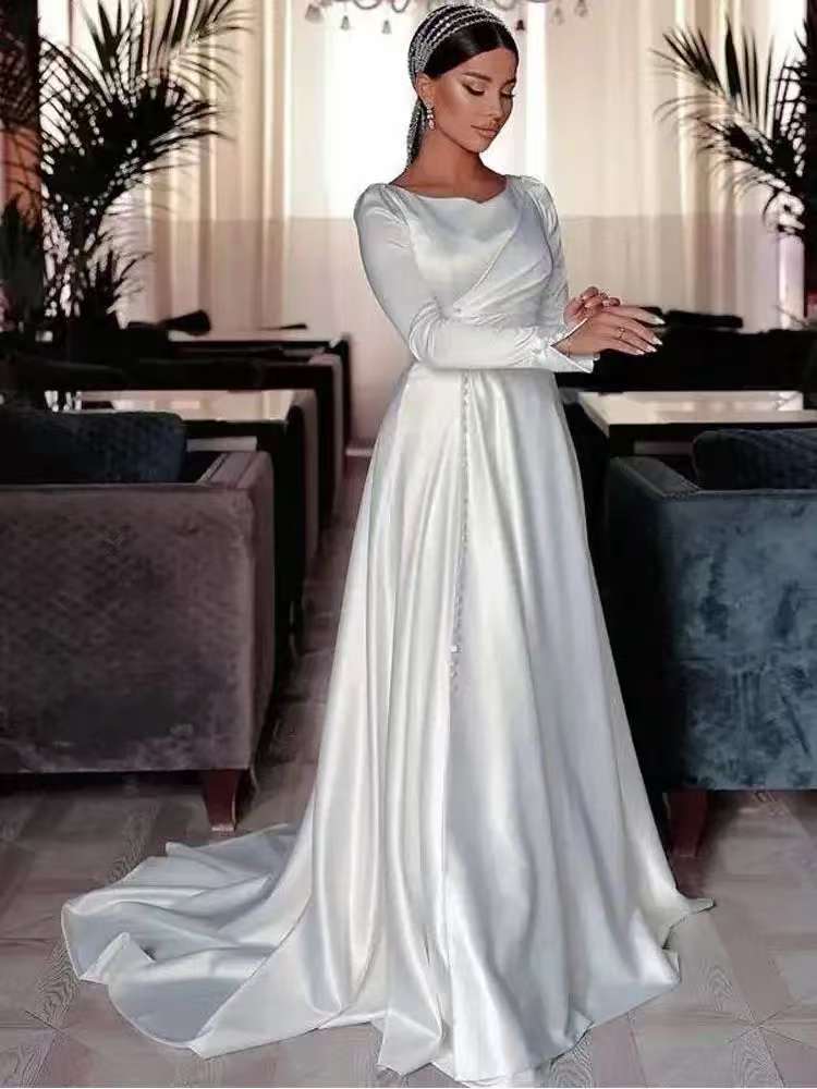 New Satin Light Wedding Dress Hepburn Style Long Sleeve Slim Mermaid Welcome Bridal Dress