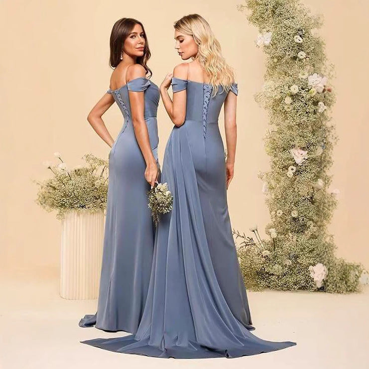 New Off-shoulder Bridesmaid Dress Elegant Slim-fit Sleeveless Slit Banquet Evening Gown