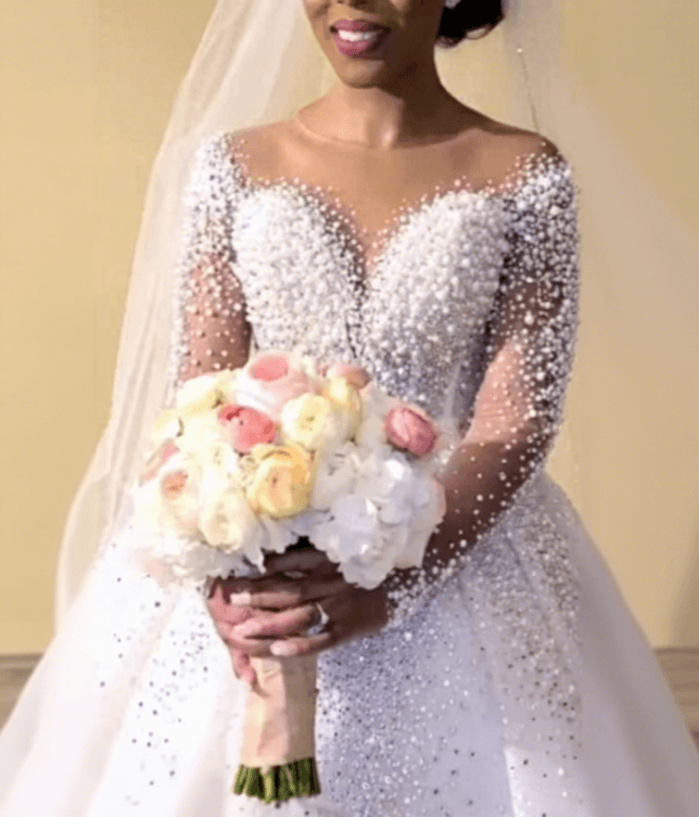 New African Crystal Wedding Dress Long-sleeved V-neck Hollow-out Floor-Length Pearl Decorated Sweep Bridal Gown