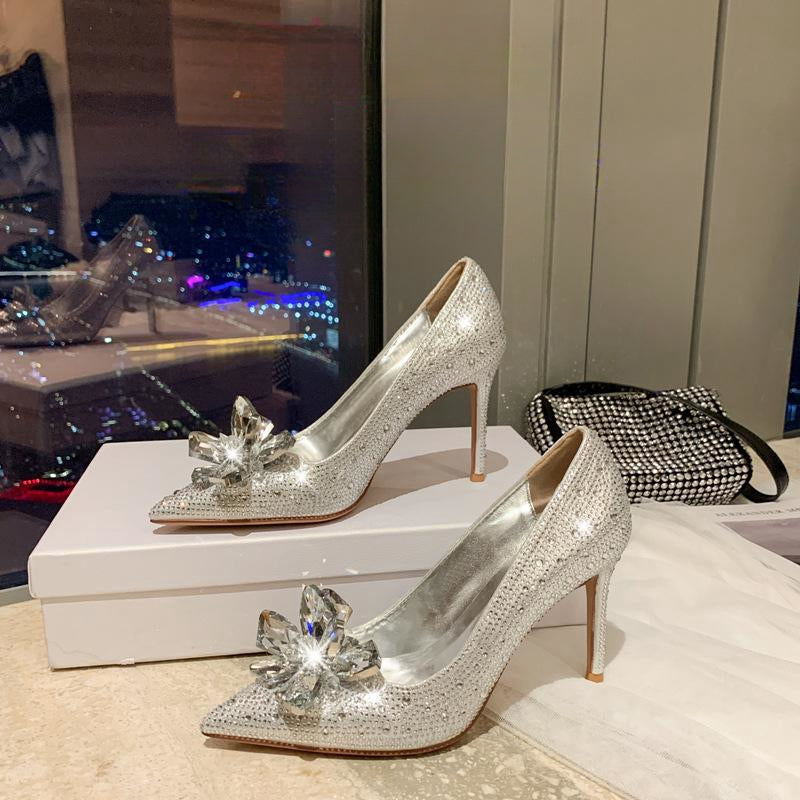 Plus Size 34-43 High Heel 7/9cm Cinderella Wedding Shoe Luxury Rhinestone Stiletto Close Pointed Toe Bridal Shoes