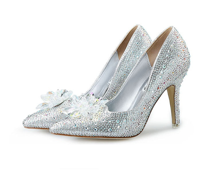 High Heeled Wedding Shoes Plus Size Women's Rhinestone Crystal Stiletto Pointed Cinderella Bride Shoes