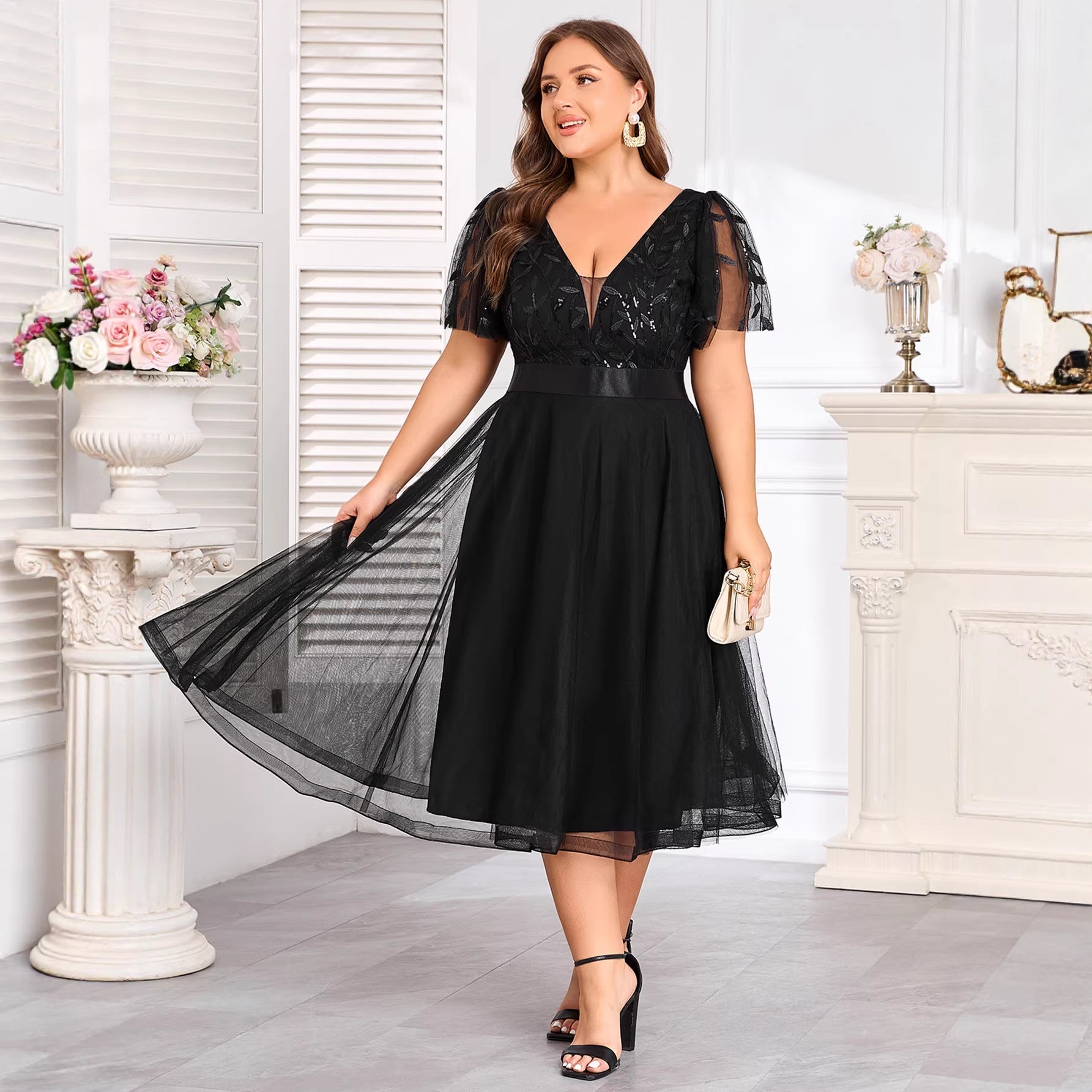 2026 Spring/Summer Plus Size Sequined Mesh A-Line Party Dress Double V-neck Elastic Waist Short Sleeve Evening Gown