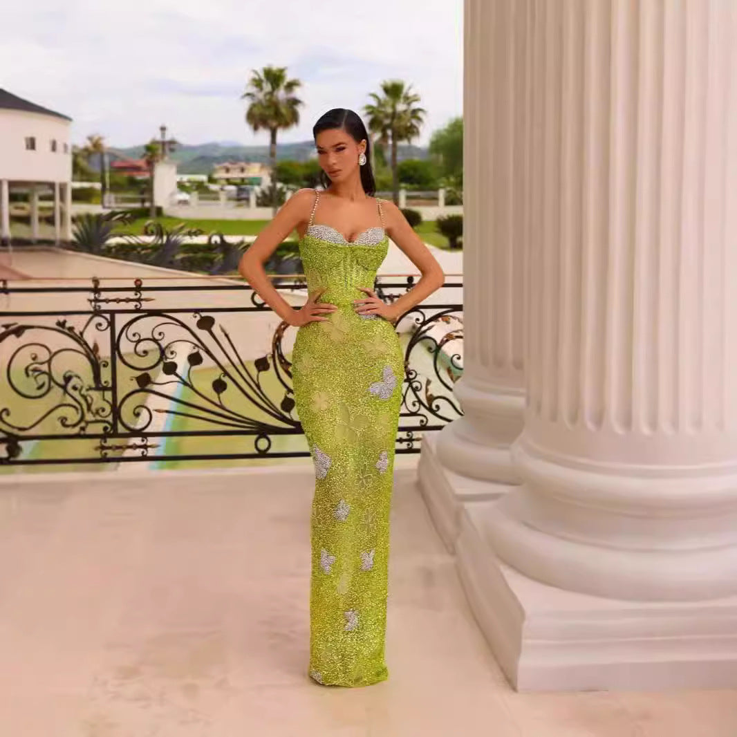 New Sequined V-neck Backless Evening Dress Sleeveless Bow Bodycon Slimming Floor-length Birthday Party Dress