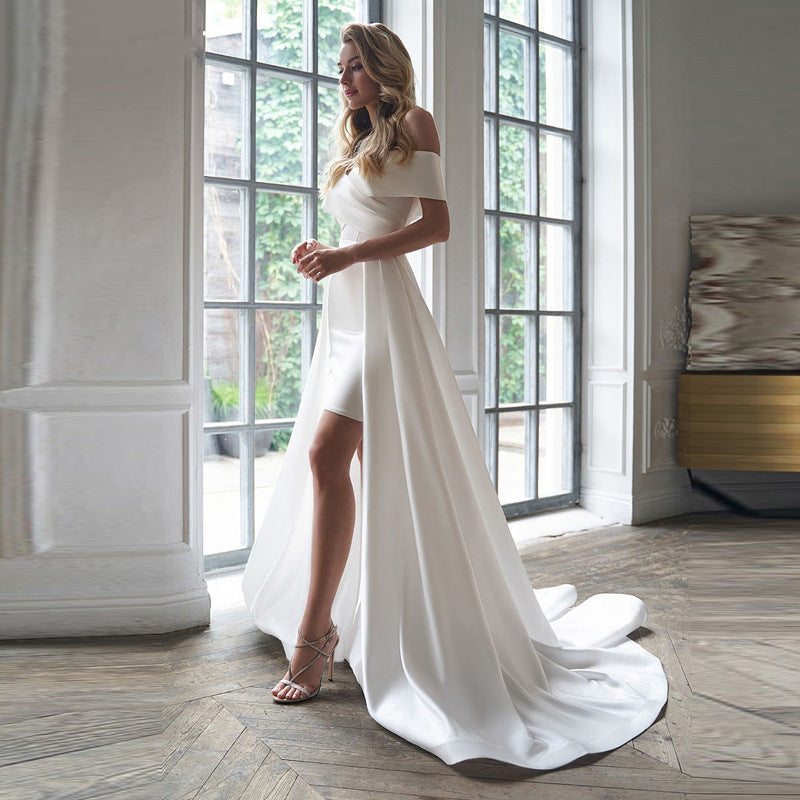 Elegant Off-Shoulder Wedding Dress Satin Detachable Train 2 in 1 Lace-Up Bridal Dress
