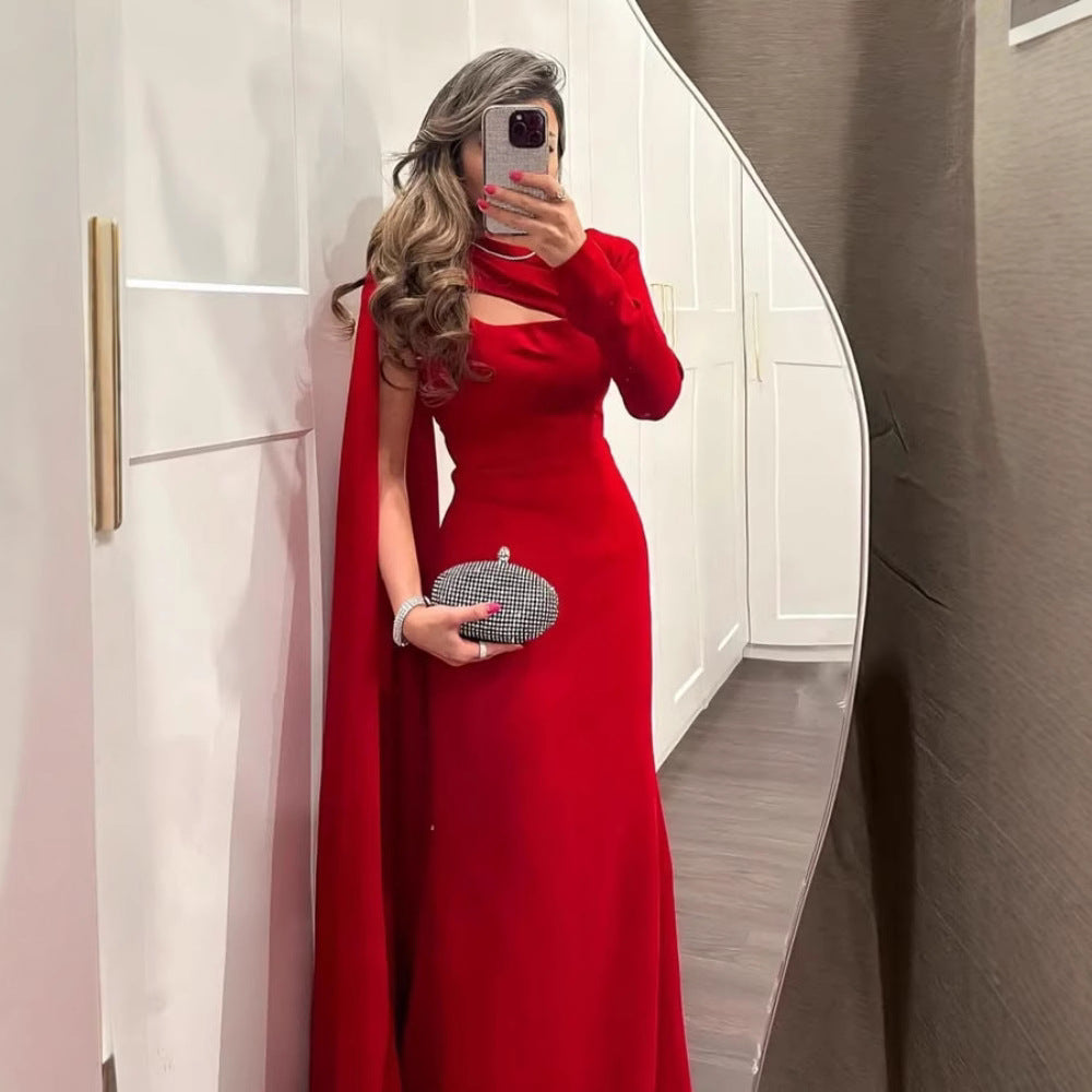 Spring Polyester Bodycon Maxi Evening Dress with Ribbons One-shoulder Neckline Quick Dry Party Dress