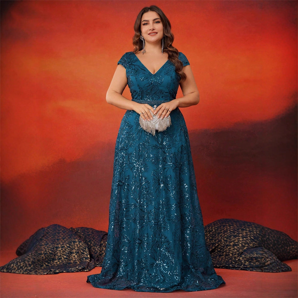 Plus Size V-neck Sequined Evening Gown Floor-length Sleeveless Slim Fit Polyester Evening Dress for Banquet