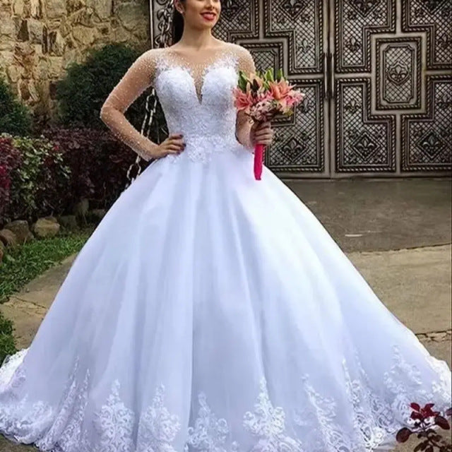 New V-Neck Long Sleeve Sheer Wedding Dress Elegant Lace Beaded Bridal Gown
