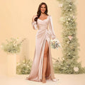 Long-sleeved Satin Bridesmaid Dress Women's Slit U-neck Pleated Formal Party Mermaid Evening Dress
