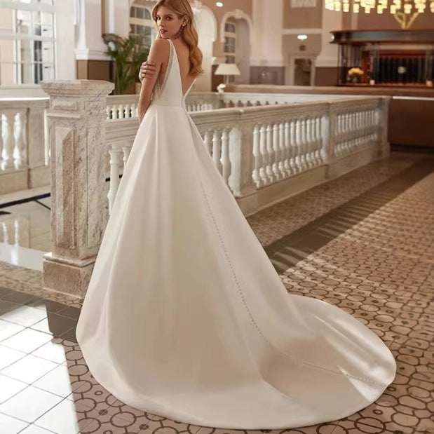 New Satin Light Wedding Dress Elegant Simple Deep V-Neck Sleeveless Backless Slit Sweep Bridal Dress