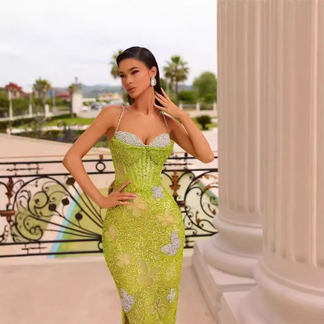New Sequined V-neck Backless Evening Dress Sleeveless Bow Bodycon Slimming Floor-length Birthday Party Dress