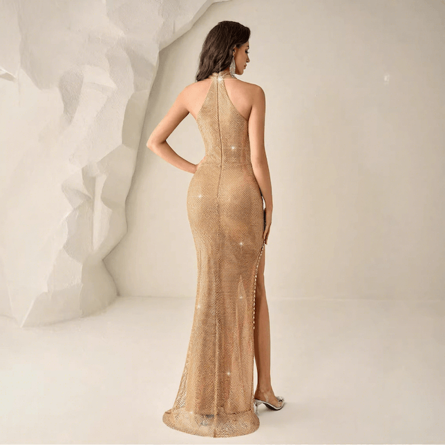 Spring/Summer Sexy Halter Slit Party Dress Polyester Mesh Sequined Irregular Elegant Rhinestone Evening Dress