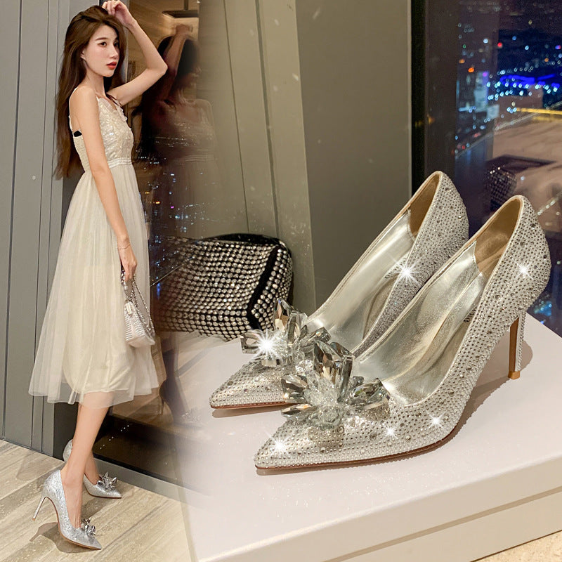 Plus Size 34-43 High Heel 7/9cm Cinderella Wedding Shoe Luxury Rhinestone Stiletto Close Pointed Toe Bridal Shoes