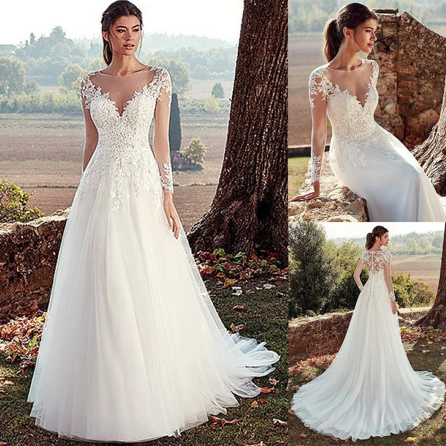 Hot-Selling Lace Appliques Main Wedding Dress Deep V-Neck Long Sleeve Elegant Bridal Dress