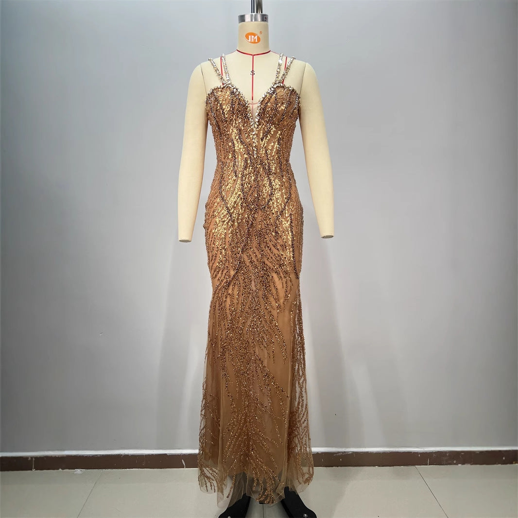 Elegant Noble Backless V-Neck Evening Dress Spaghetti Strap Sleeveless Rhinestone Sequined Maxi Pencil Birthday Party Dress