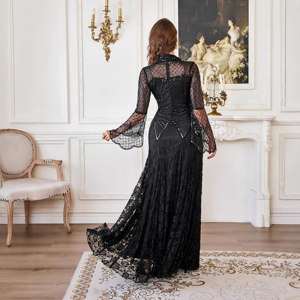 New Sequined Floor-Length Evening Dress Elegant Slim Long Sleeve Banquet Party Dress