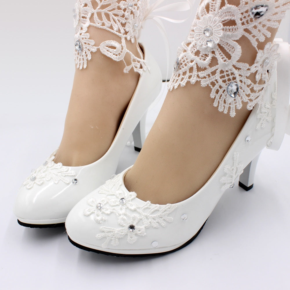 European American Style White High Heel Wedding Shoes for Women Thin Heels Plus Size PU Rhinestone
