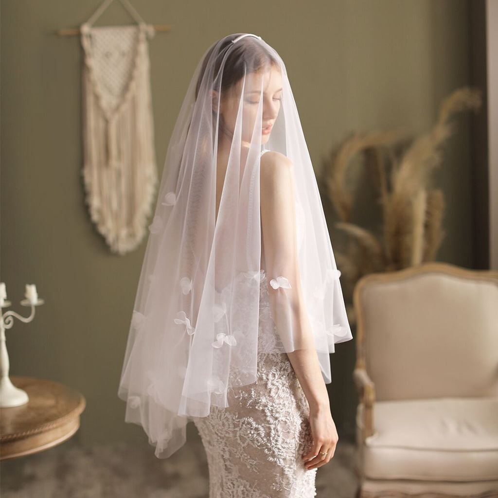 Super Fairy Double Layer Bridal Veil Hand-Sewn Flower Bow Soft Long Wedding Head Veils