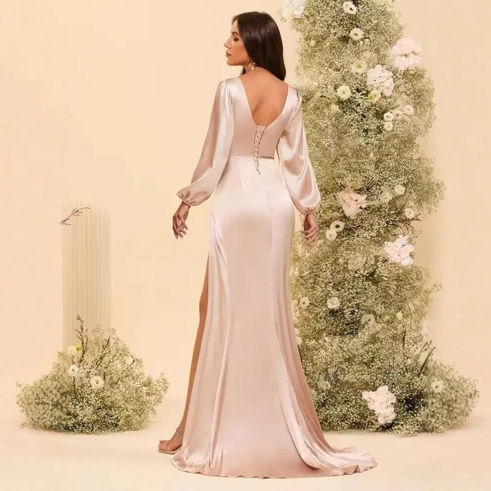 Long-sleeved Satin Bridesmaid Dress Women's Slit U-neck Pleated Formal Party Mermaid Evening Dress