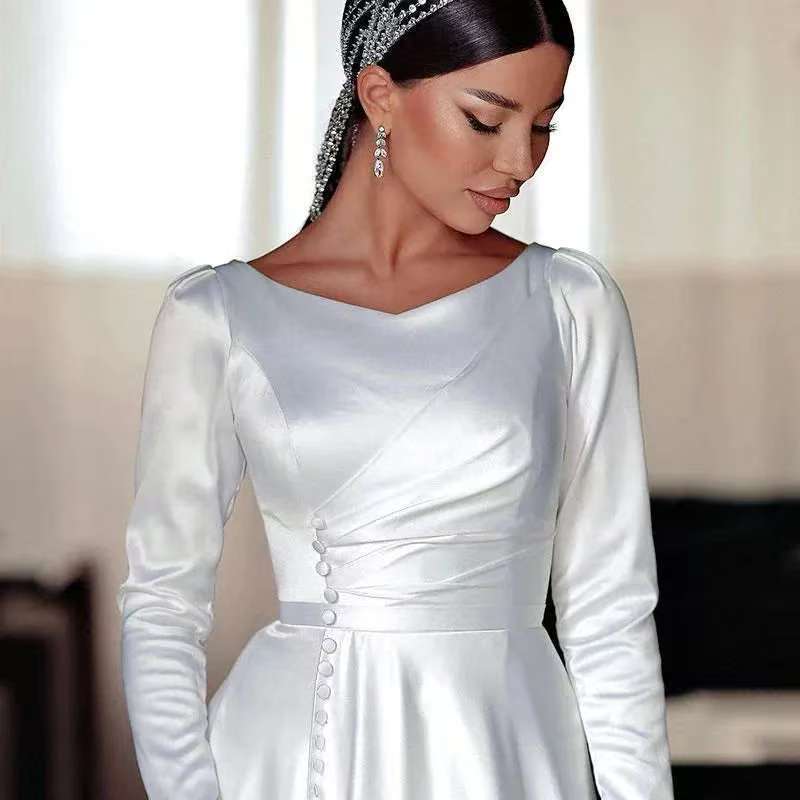 New Satin Light Wedding Dress Hepburn Style Long Sleeve Slim Mermaid Welcome Bridal Dress