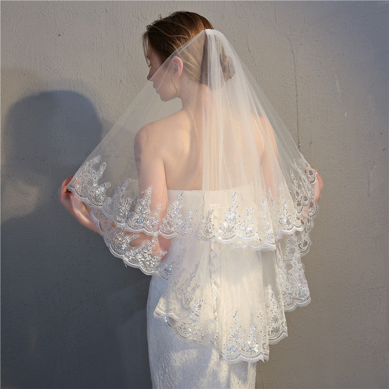 Exquisite Double Layer Veil with Sequined Lace Beaded Wedding Headdress Embroidered Bridal Veils