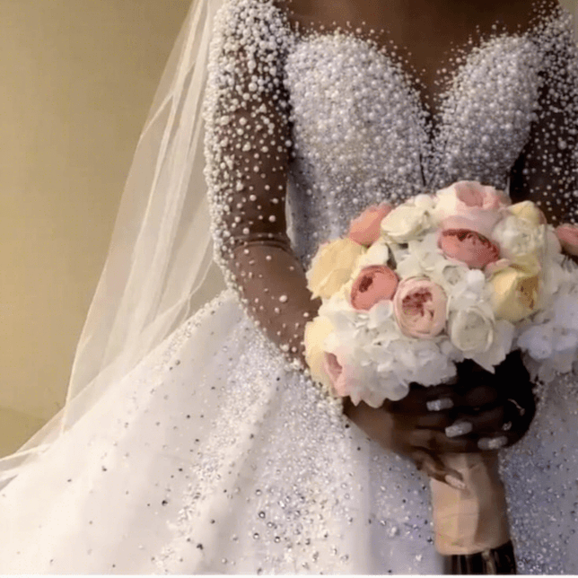 New African Crystal Wedding Dress Long-sleeved V-neck Hollow-out Floor-Length Pearl Decorated Sweep Bridal Gown