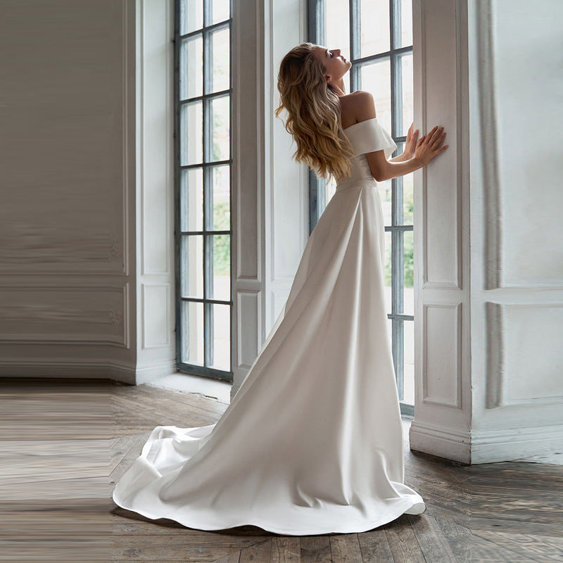 Elegant Off-Shoulder Wedding Dress Satin Detachable Train 2 in 1 Lace-Up Bridal Dress