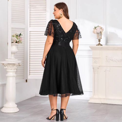 2026 Spring/Summer Plus Size Sequined Mesh A-Line Party Dress Double V-neck Elastic Waist Short Sleeve Evening Gown