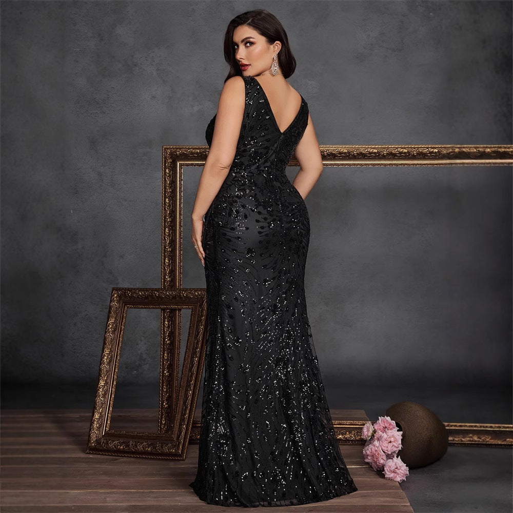 New Plus-size Sequined Sleeveless Evening Dress Summer Floor-length Elegant V-Neck Fishtail Slit Sexy Party Banquets Gown