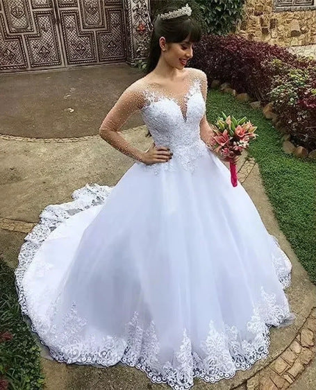 New V-Neck Long Sleeve Sheer Wedding Dress Elegant Lace Beaded Bridal Gown