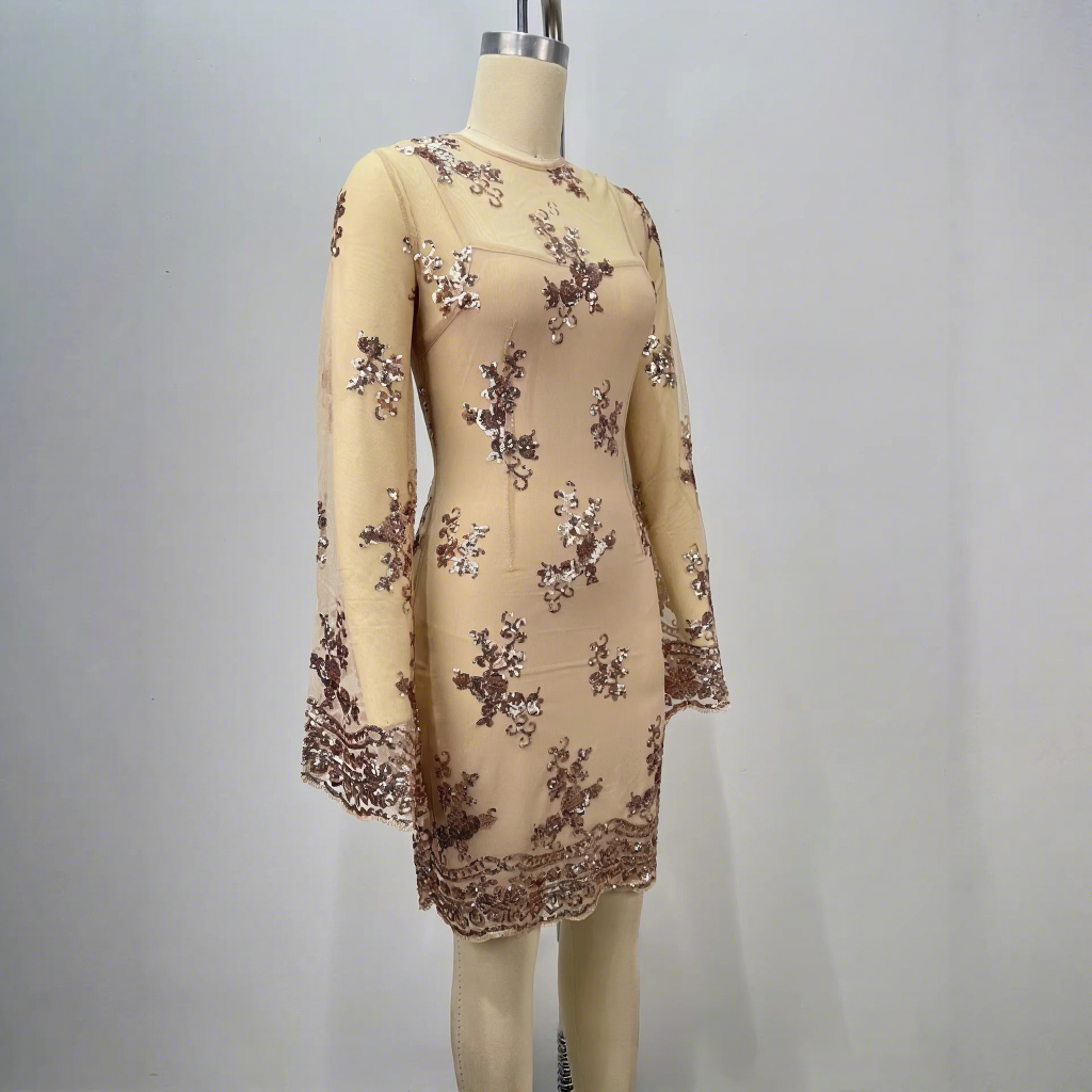 New Round-neck Long-sleeve Evening Dress Mesh Sequined Embroidery Bodycon Sexy Slim-fit Party Dress