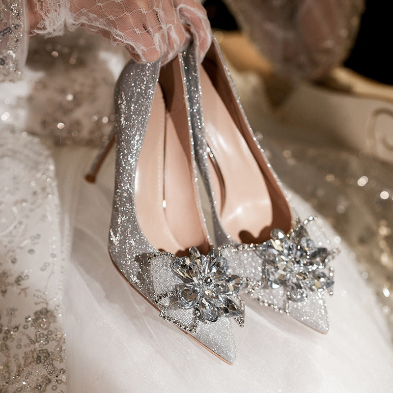 High Heel Glitter Bridal Shoes Ladies Pumps Women's Pointed Toe Stiletto Crystal Party Wedding Shoes