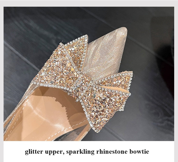 High Heel Glitter Bridal Shoes Ladies Pumps Women's Pointed Toe Stiletto Sparkling Bowtie Party Wedding Sandal