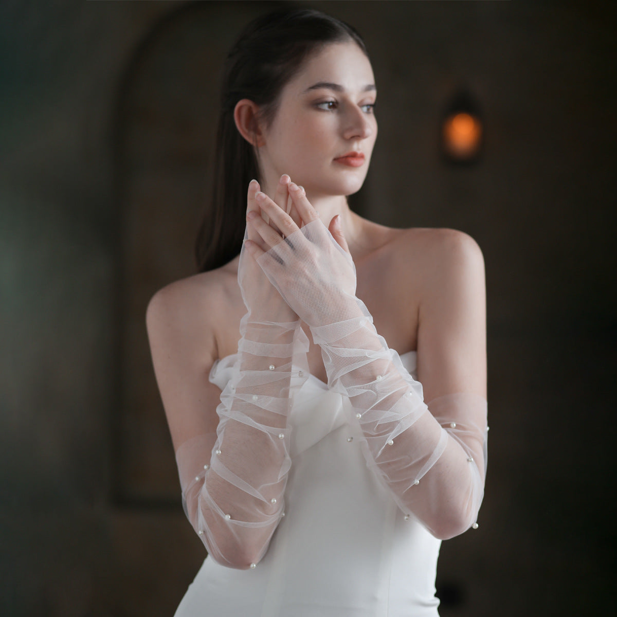 White Black Full-Long Beaded Wedding Accessories Bridal Gloves With Pearls