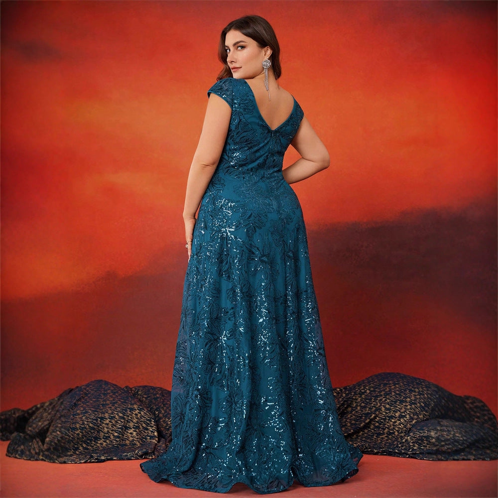 Plus Size V-neck Sequined Evening Gown Floor-length Sleeveless Slim Fit Polyester Evening Dress for Banquet