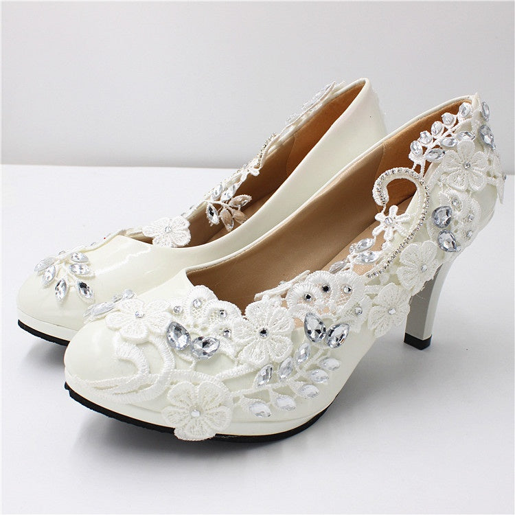 Women's White Wedding Shoes European American Style 8cm High Heels PU Round Toes Large Size Elegant Rhinestone Lace Bridal Shoe
