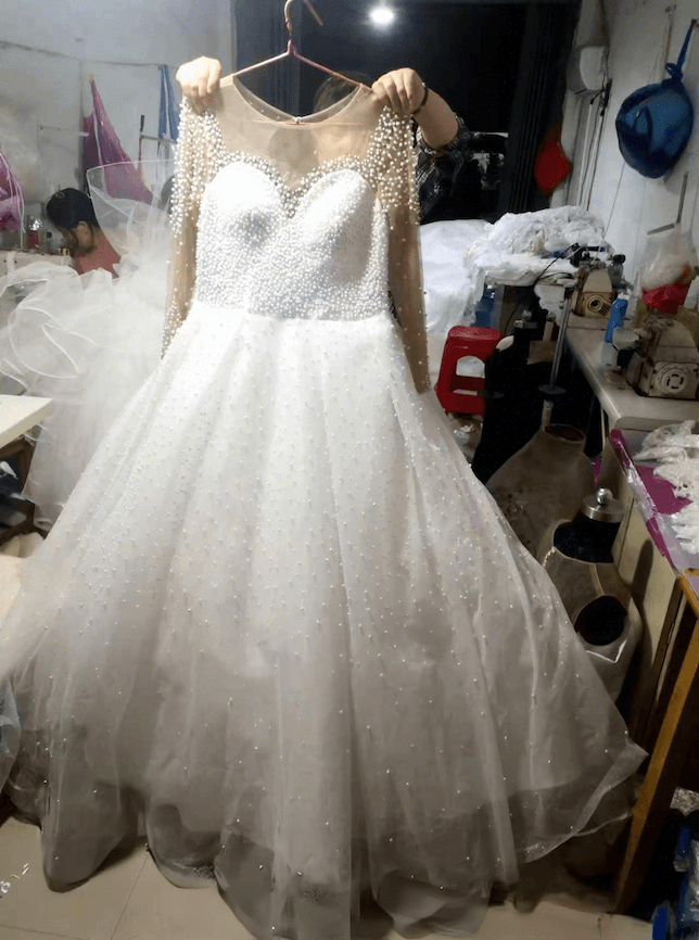 New African Crystal Wedding Dress Long-sleeved V-neck Hollow-out Floor-Length Pearl Decorated Sweep Bridal Gown