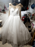 New African Crystal Wedding Dress Long-sleeved V-neck Hollow-out Floor-Length Pearl Decorated Sweep Bridal Gown