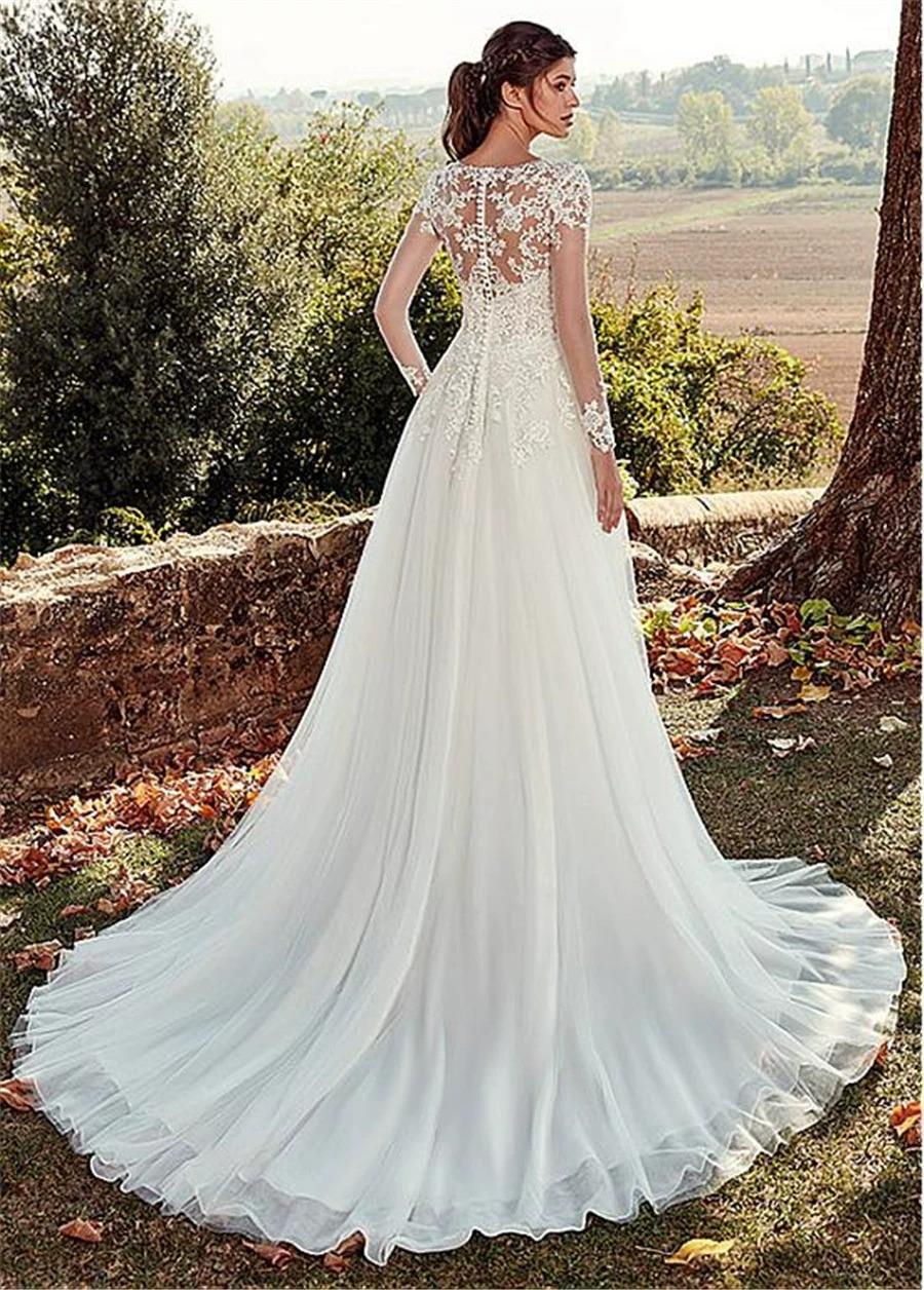 Hot-Selling Lace Appliques Main Wedding Dress Deep V-Neck Long Sleeve Elegant Bridal Dress