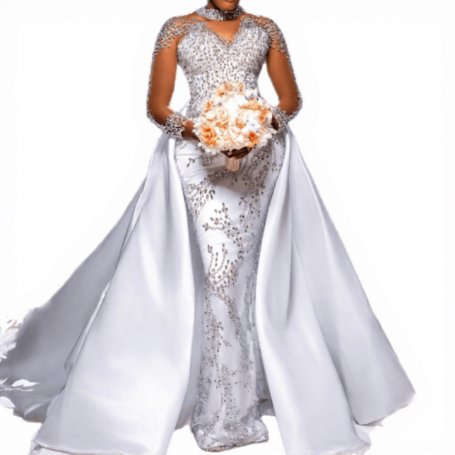 New Detachable Mermaid Crystal Wedding Gown Luxury Heavy Beaded Long Sleeve Lace-Up Bridal Dress