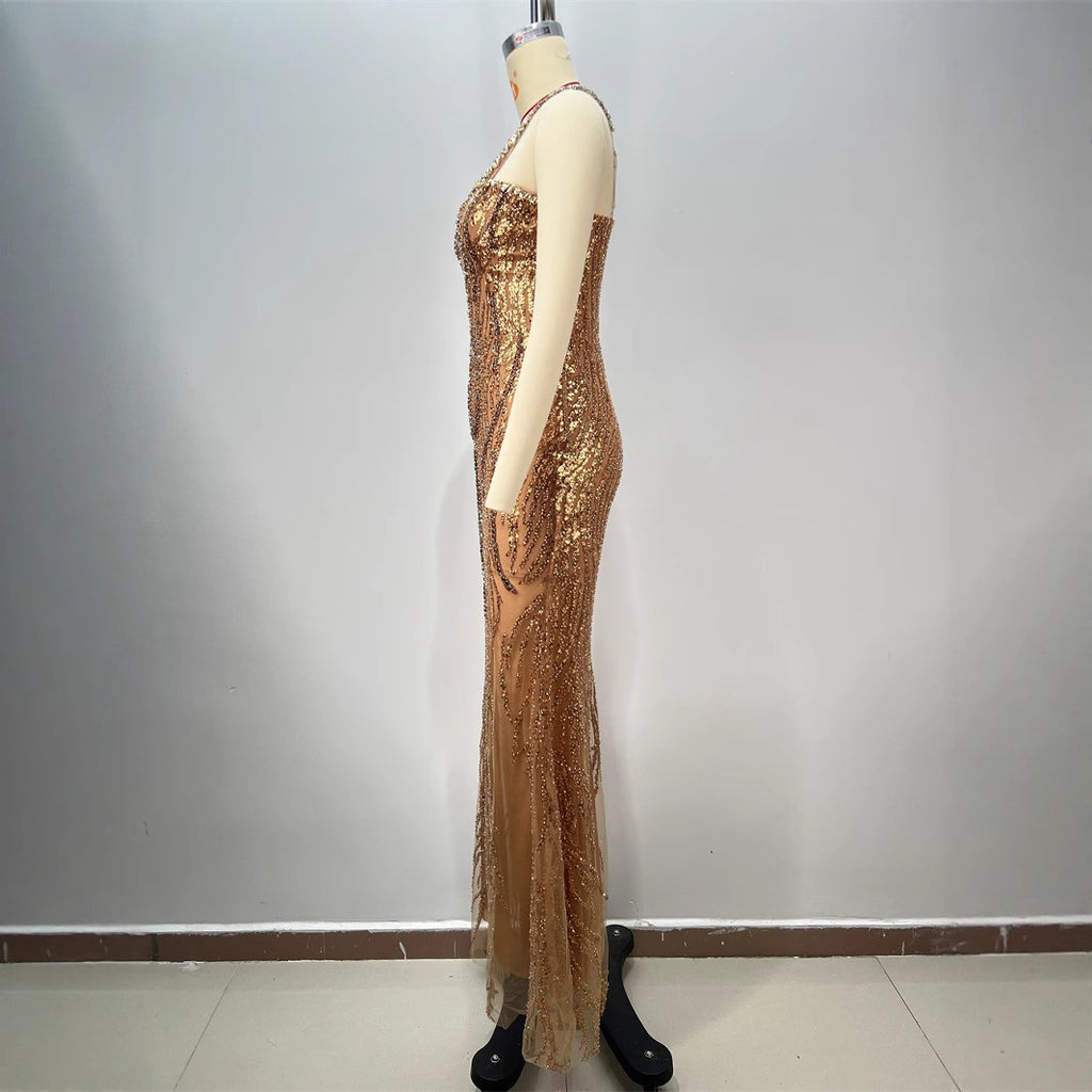 Elegant Noble Backless V-Neck Evening Dress Spaghetti Strap Sleeveless Rhinestone Sequined Maxi Pencil Birthday Party Dress