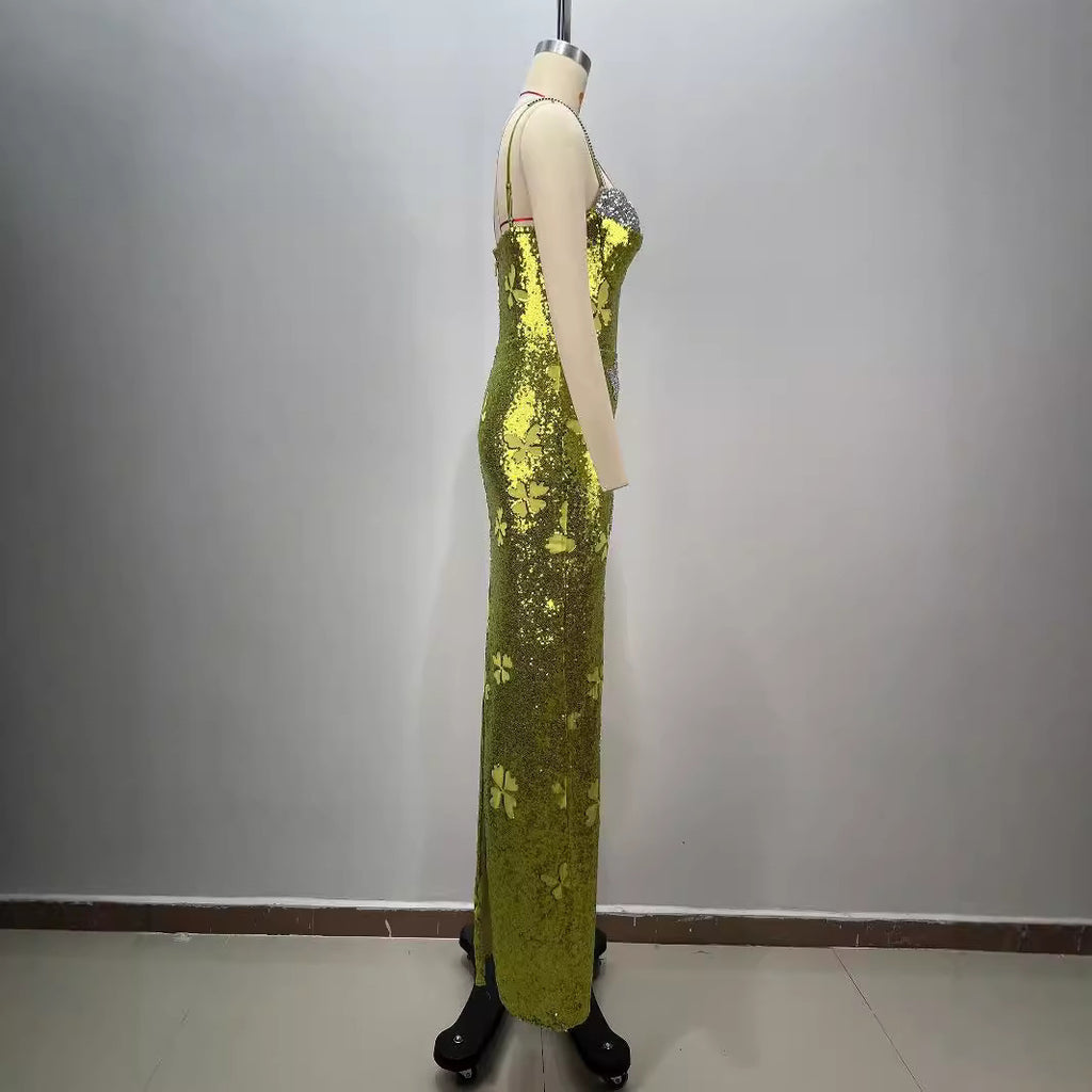 New Sequined V-neck Backless Evening Dress Sleeveless Bow Bodycon Slimming Floor-length Birthday Party Dress