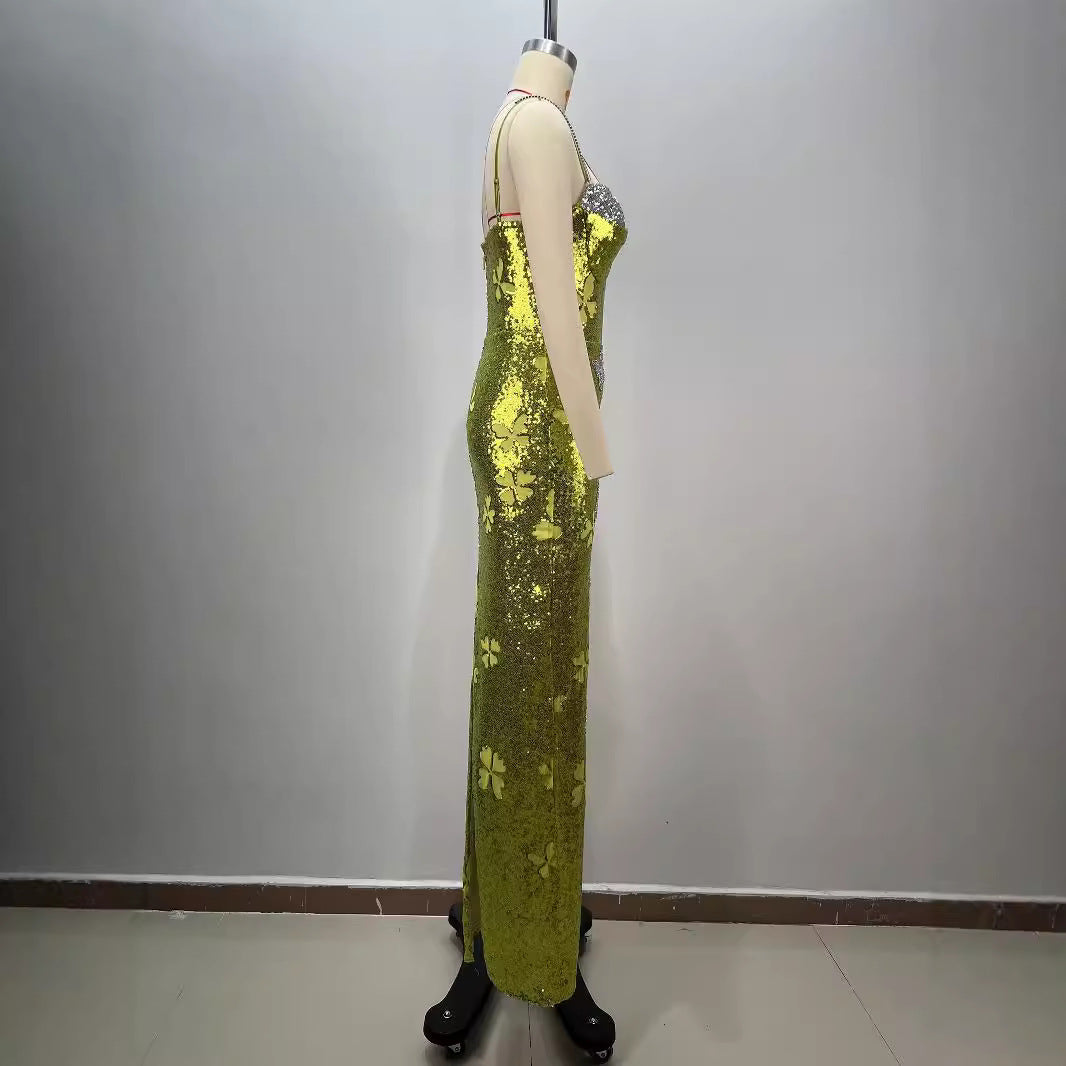 New Sequined V-neck Backless Evening Dress Sleeveless Bow Bodycon Slimming Floor-length Birthday Party Dress