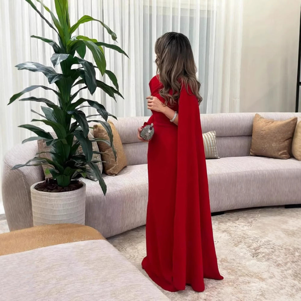 Spring Polyester Bodycon Maxi Evening Dress with Ribbons One-shoulder Neckline Quick Dry Party Dress