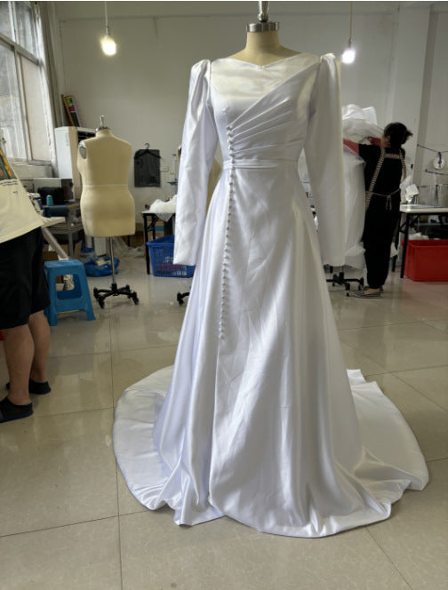 New Satin Light Wedding Dress Hepburn Style Long Sleeve Slim Mermaid Welcome Bridal Dress