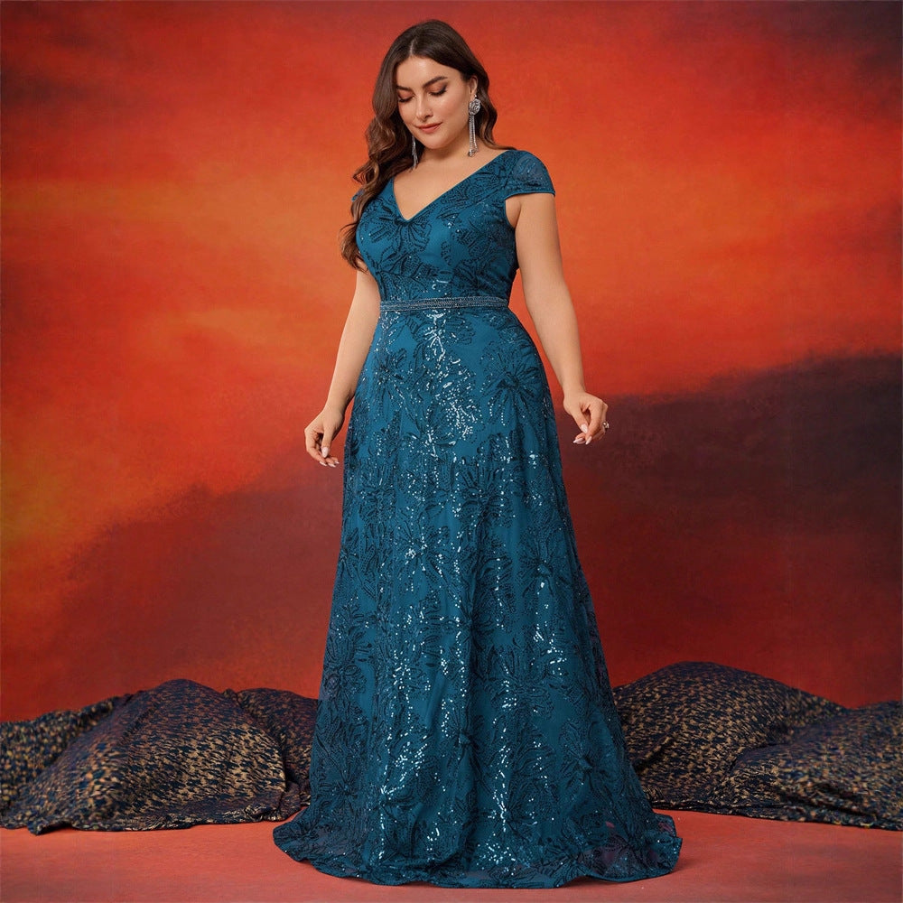 Plus Size V-neck Sequined Evening Gown Floor-length Sleeveless Slim Fit Polyester Evening Dress for Banquet